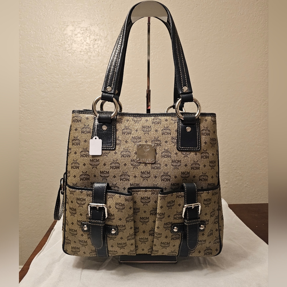 MCM Tan and Black Monogram Tote Bag